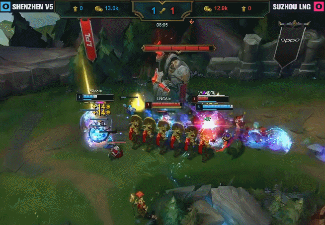关注 【2021lpl春季赛 v5 vs lng】 第8分钟,v5上路三包一,但有沙皇