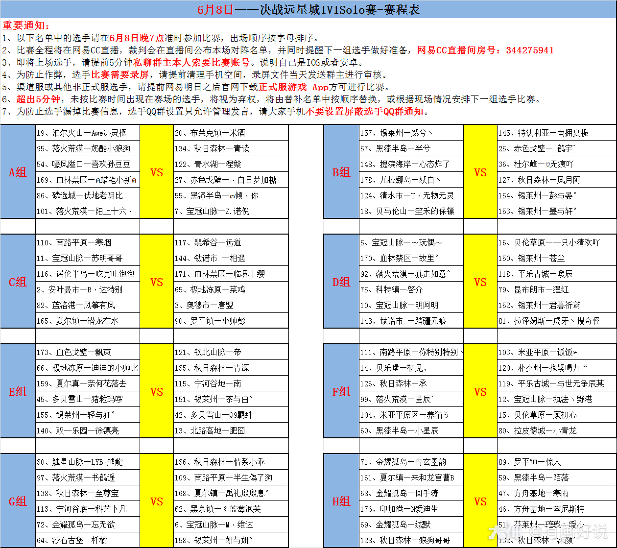 1 本周六 8号 晚上7点进行a H组的solo赛 请以下选手做好准备 比赛将在 来自网易大神明日之后圈子 有画好说