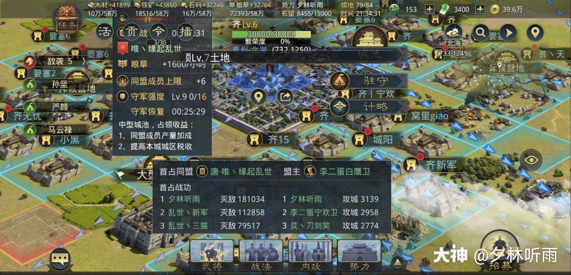 今天补了一天发育 开鱼塘 各种飞地起要塞 二队成功觉醒 晚上来个双榜第一 美滋滋 来自大神率土之滨圈子 夕林听雨