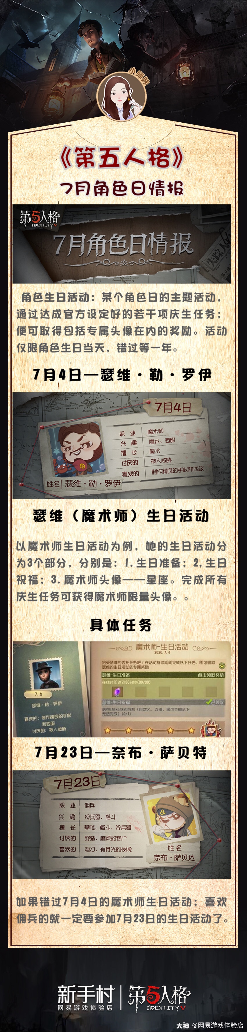 第五人格 7月角色日情报 小师妹划重点 奈布生日在7 23哟 来自大神第五人格圈子 网易游戏体验店