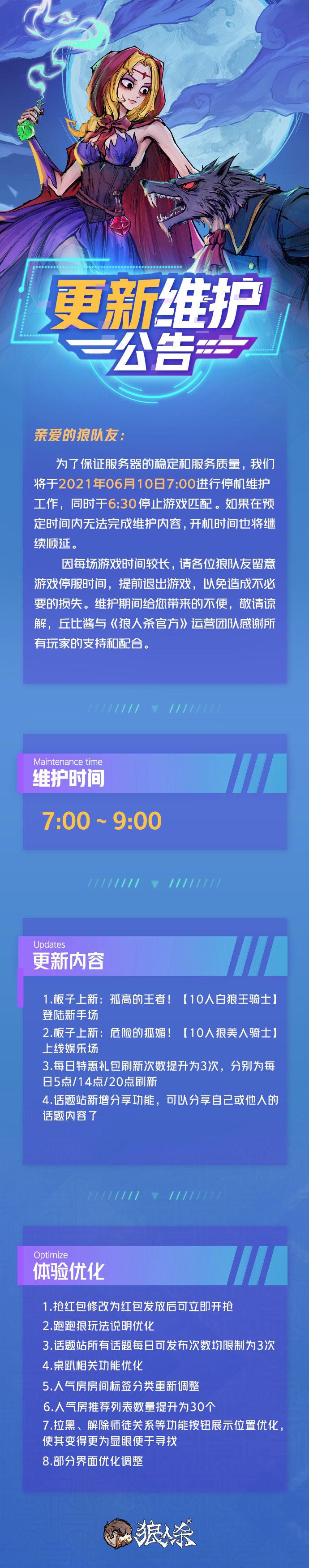 6月10日狼人杀更新维护公告 娱乐场版型更新 10人狼美人骑士 诱惑加入 来自网易大神狼人杀圈子 小脑斧qwqa