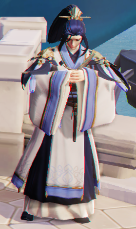 只见他身着一袭蓝白罗衣,与身后海天一色风景相互交应.