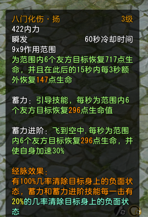 使用八门化伤蓄力百分之百为触发被动技能神佑也就是我们常说的套盾.