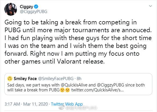 Ciggzy退出pubg职业赛场未来职业重心将放在 Valorant 今 来自网易大神圈子 超凡电竞pubg Ciggzy退出pubg职业赛场未来职业重心将放在 Valorant 今 来自网易大神圈子 超凡电竞pubg