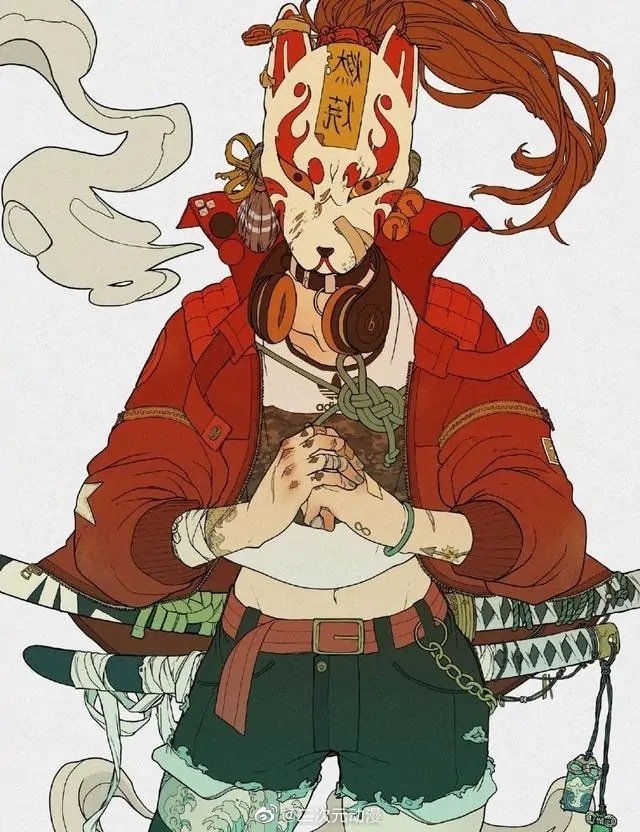 潮流武士插画,色调丰富画.